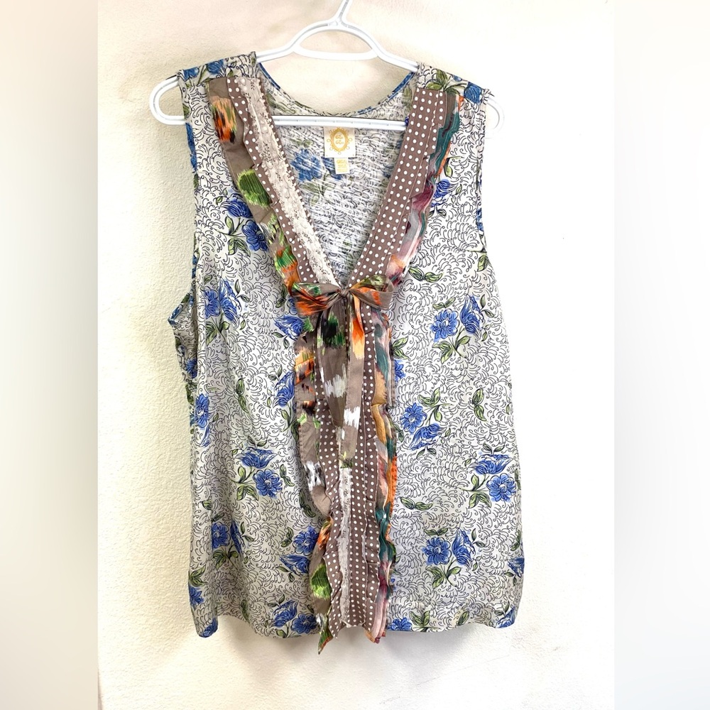 Blue and White Tie Front Blouse with Bib Collar